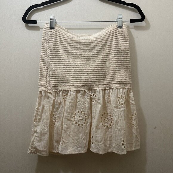 2/$30 Micas Boho Knit Strapless Peplum Top Womens M Beach Coquette Coastal Lace - Picture 2 of 11
